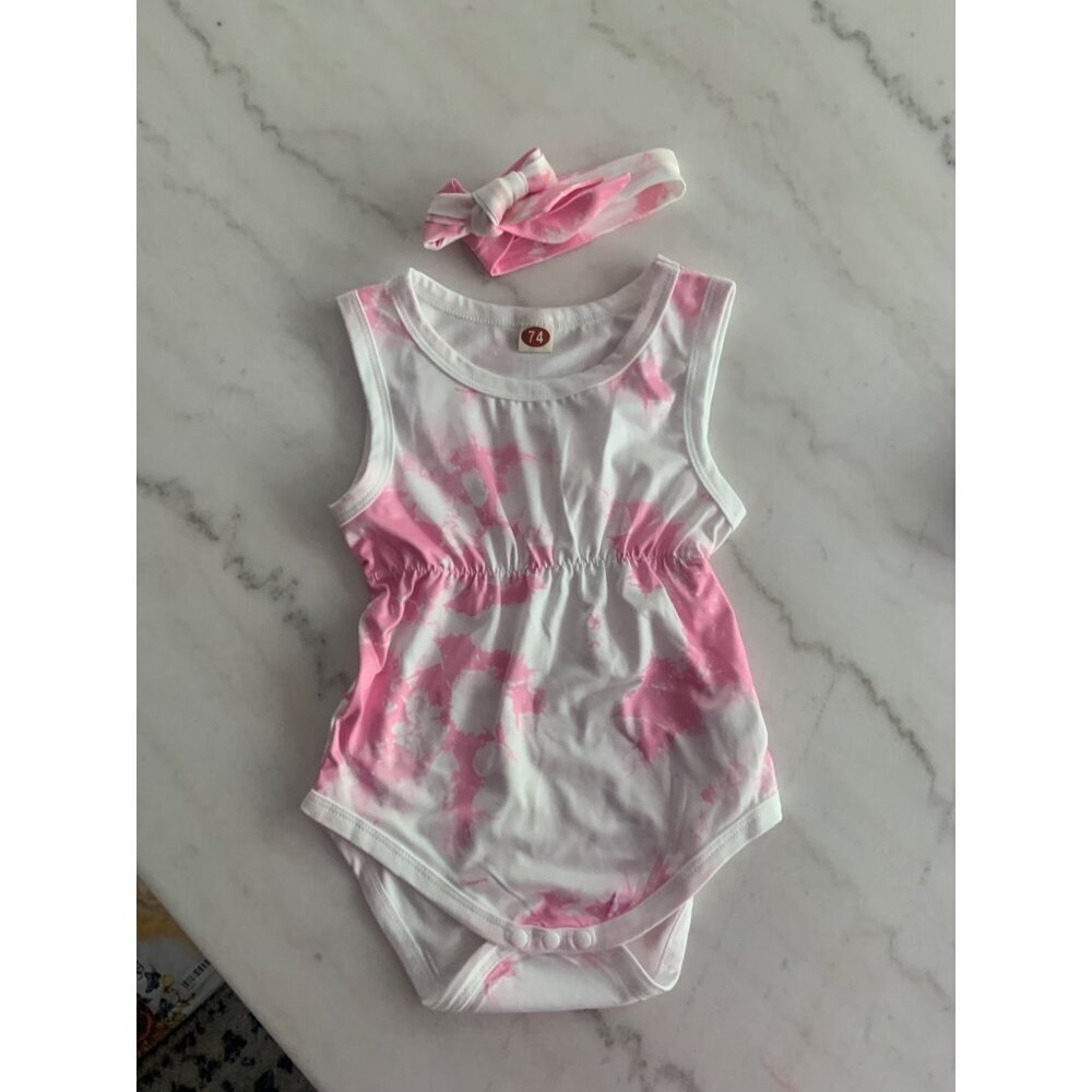 Baby Girls Tie-Dye Sleeveless Romper With Matching Headband Navy & White Size 74